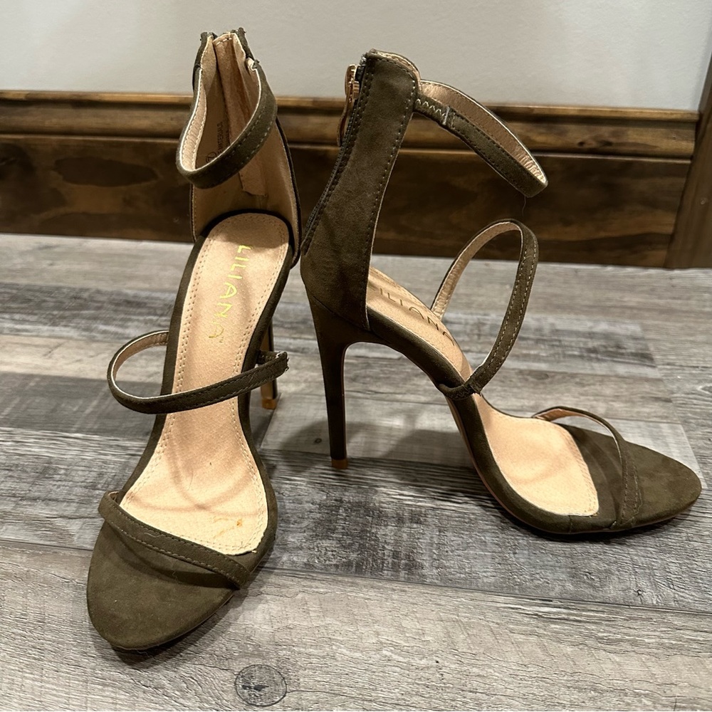 Lightly worn olive green suede high heel